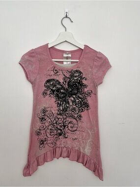 Beautees Pink Butterfly Graphic Ruffle-Hem Tee